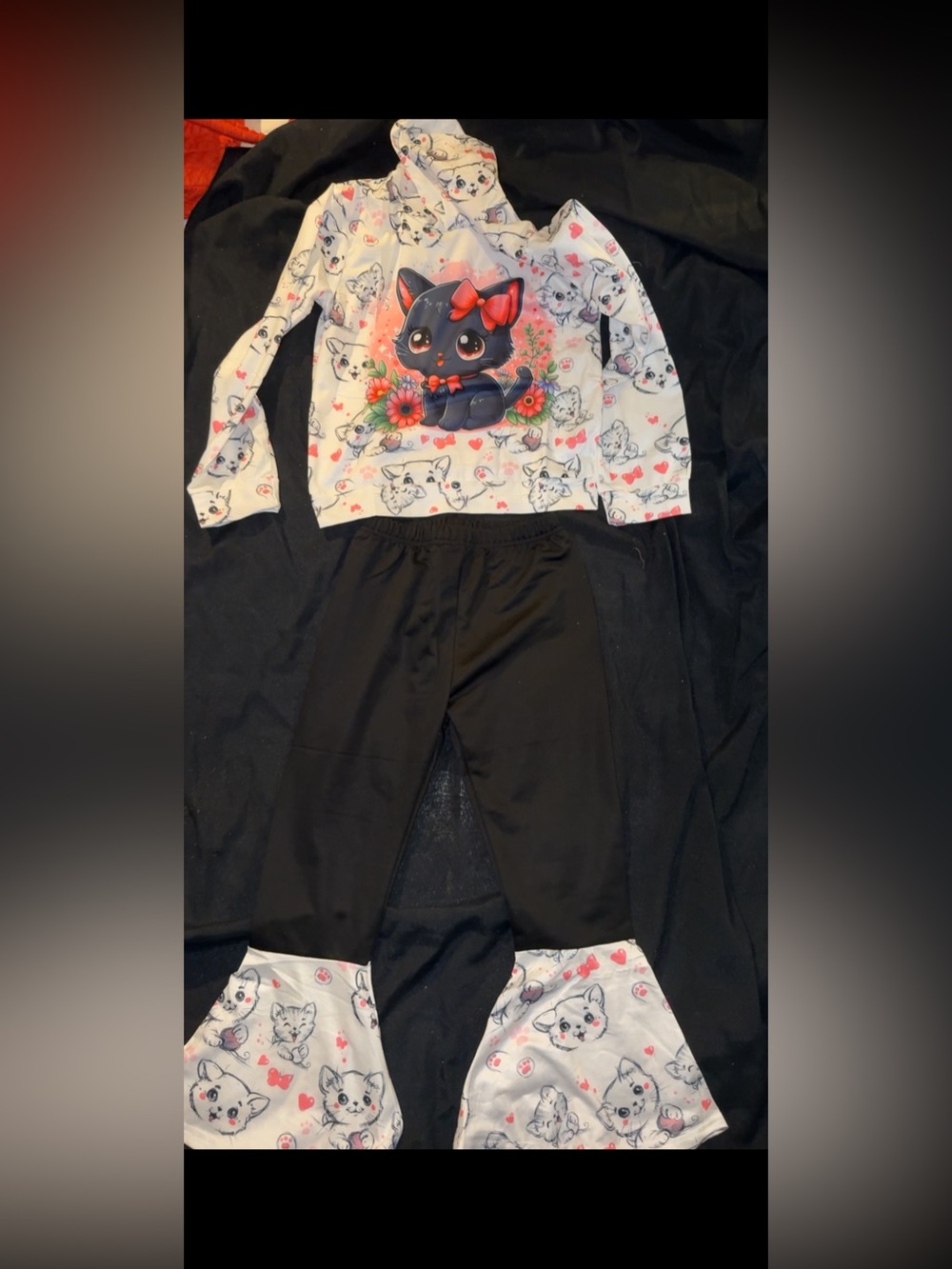 Kids Black & White Cat Print Pajama Set with Cute Kitten Graphic